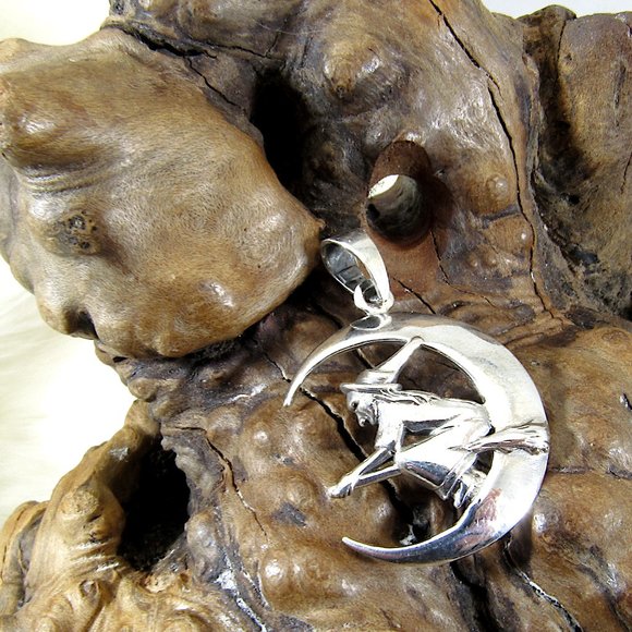 Solid 925 Sterling Silver Crescent Moon Witch Flying on Broomstick Pendant - Picture 4 of 10